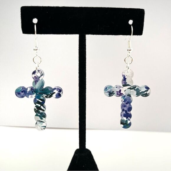 Handmade floral acrylic cross earrings - Picture 1 of 2